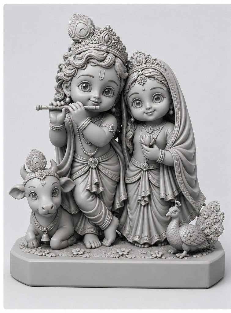 Radha krishna 3d miniature model with cow and peacock (5 inch)